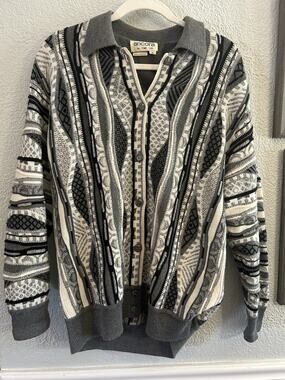 Vintage Coogi Style Black White Grey 3D Knit Cable Sweater (XL) Ancora